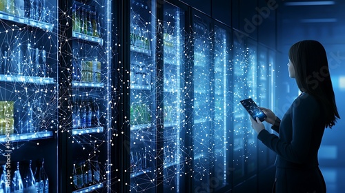 Person using tablet in front of digital drink vending machines with connected data networks representing technology and innovation in retail environments