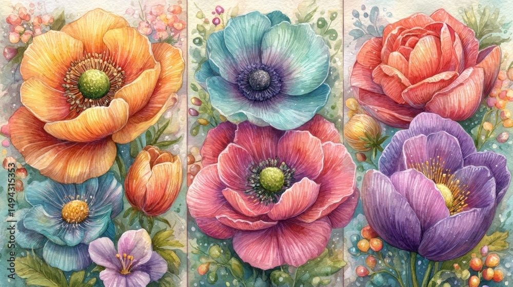 custom made wallpaper toronto digitalStunning watercolor triptych displaying three different colored flowers capturing the diversity of nature's palette and the intricate beauty of floral designs in artistic presentation
