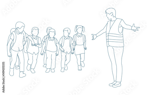  Elementary students crossing the street after arriving by bus.