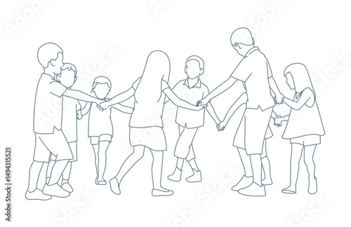  Group of small kids playing ring-around-the-rosy in the park.