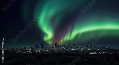 A breathtaking aurora borealis spectacle over a city at night