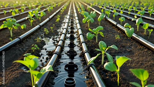 Young Seedlings Growing Along Precision Irrigation Pipes in Agricultural Field at Sunrise photo