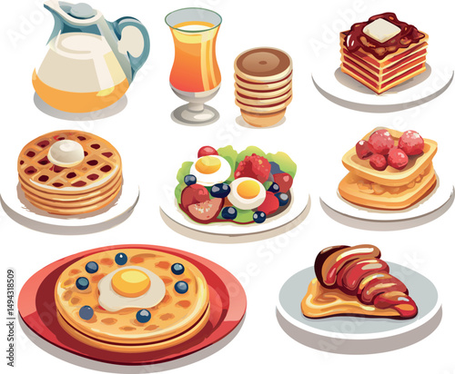 Morning breakfast set with cartoon waffles, toast, cereal bowl, and syrup.