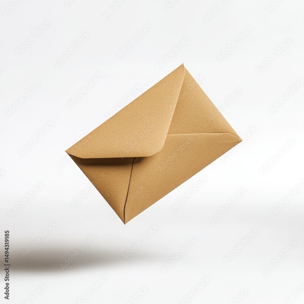 A light brown kraft paper envelope floats against a white backdrop A light brown kraft paper envelope floats against a white backdrop