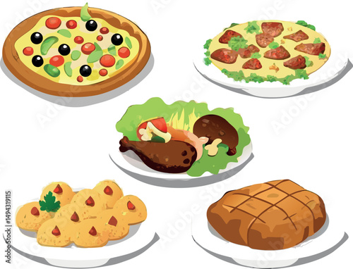 Illustration of a diverse range of dishes you can serve in a restaurant setting.