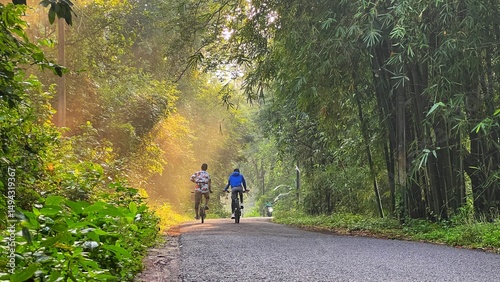 Two people ride bicycles through a sunny forest path