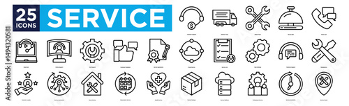 service icon collection set. Containing design Customer Support, Delivery Truck, Repair Tools, Service Bell, Phone Call,