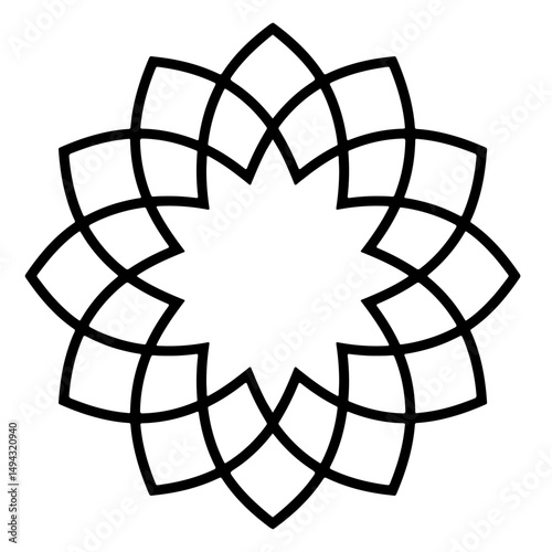 A geometric flower illustration with a circular frame in black and white.