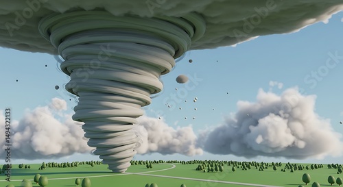 show a large tornado swirling in tornado alley, position the tornado at the top of the frame with clear copy space at the bottom. ,isolated on bright background, no text, 3d cute cartoon illustration