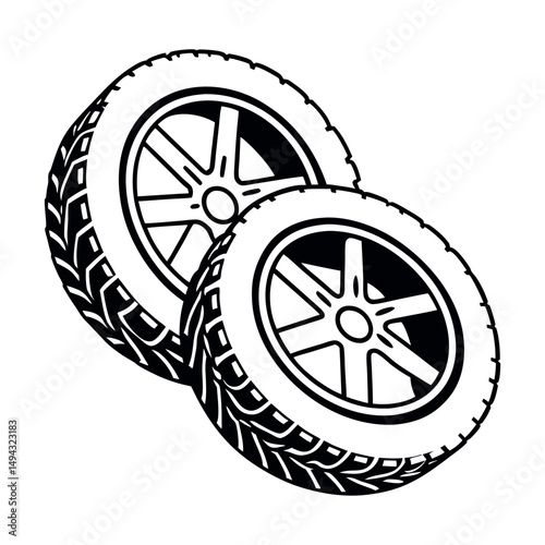 Black and White Vector Illustration of Three Stacked Car Tires with Tread and Alloy Rims