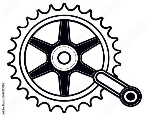 Black and White Vector Illustration of a Bicycle Crankset with Chainring Gear