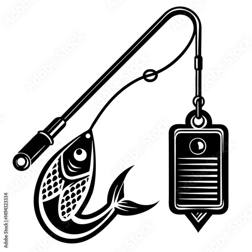 Black and White Vector Illustration of Fishing Rod with Caught Fish and Hanging Label Tag