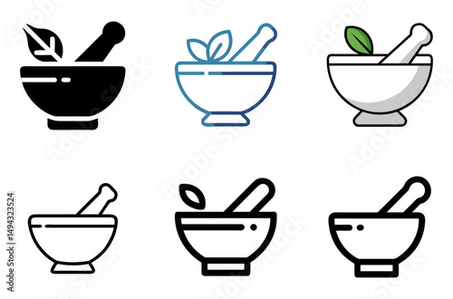 Pestle And Mortar Icon Set For Cooking, Pharmacy, And Herbal Medicine Design Concepts