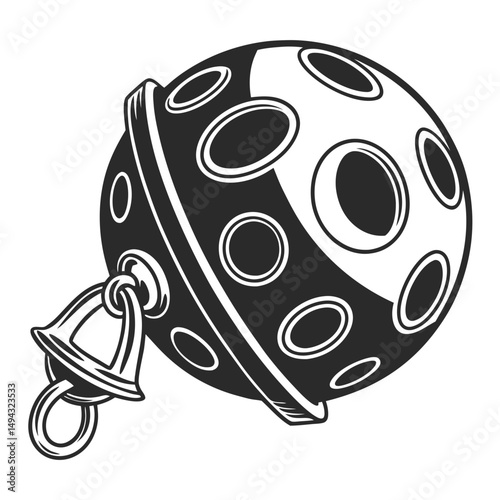 Black and White Vector Illustration of an Underwater Naval Mine with Circular Detonators and Attachment Loop