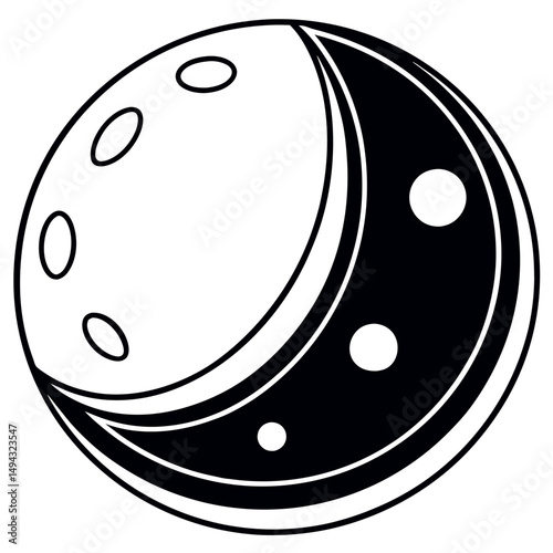 Black and White Vector Illustration of a Crescent Moon with Stars in a Circular Night Sky Design