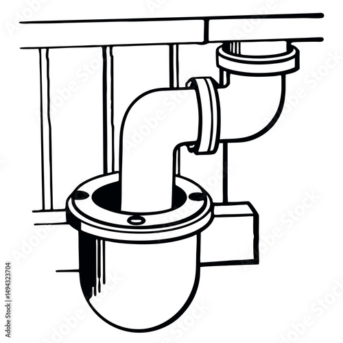 Black and White Vector Illustration of a Sink Drain Trap Pipe Installation