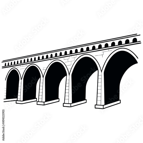 Black and White Vector Illustration of a Classical Viaduct Bridge Silhouette with Arched Supports