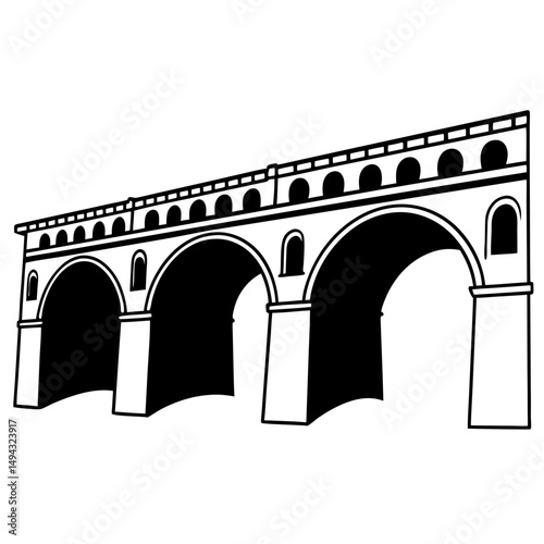 Black and White Vector Illustration of a Classical Viaduct Bridge Silhouette with Arched Supports