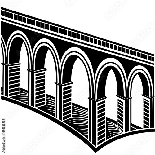 Black and White Vector Illustration of a Classical Viaduct Bridge Silhouette with Arched Supports
