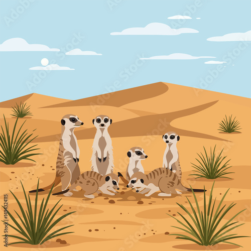 Meerkat Family Gathering in Desert Landscape Under Sunny Sky
