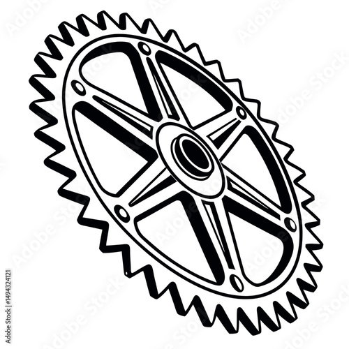 Black and White Vector Illustration of a Rotated Mechanical Sprocket or Gearwheel