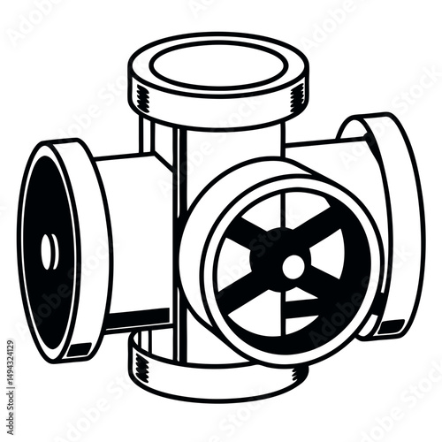 Black and White Isometric Vector Illustration of an Industrial Gate Valve