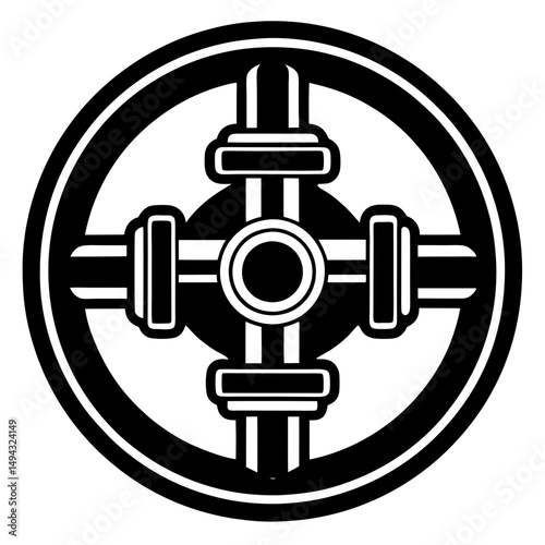 Industrial Valve Silhouette in Cross Shape , Black and White Vector Icon