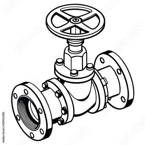 Black and White Isometric Vector Illustration of an Industrial Gate Valve