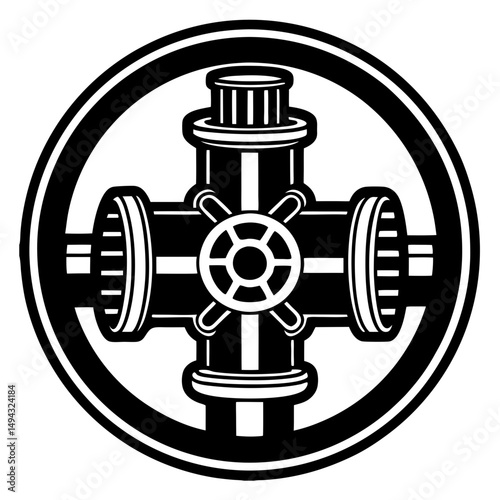 Industrial Valve Silhouette in Cross Shape , Black and White Vector Icon