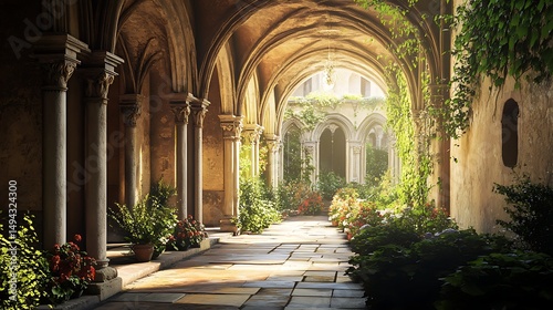 Garden grows inside quiet historical abbey cloister high resolution picture