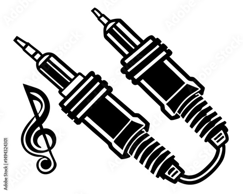 Audio Jack Cables with Treble Clef , Black and White Music Connector Vector Illustration