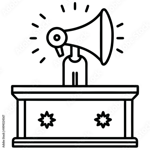 Black and White Vector Silhouette of a Megaphone on a Podium Symbolizing Public Speaking or Announcement