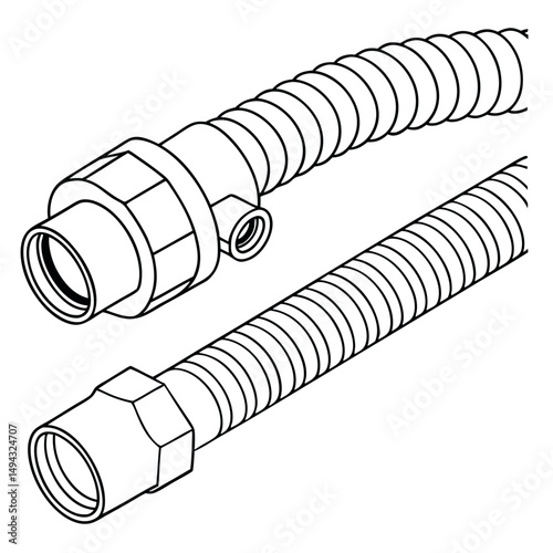 Black and White Vector Illustration of Coiled Flexible Industrial Hoses or Ducts