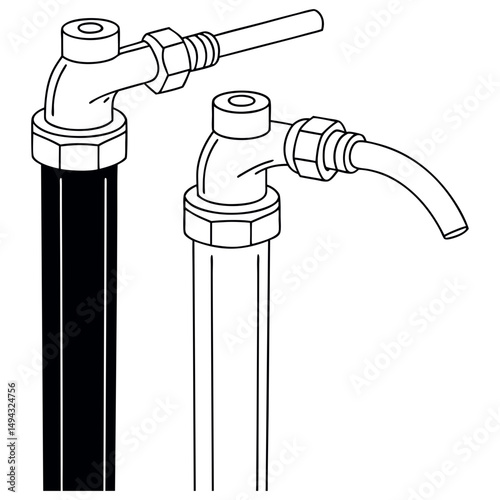 Black and White Vector Illustration of Two Industrial Water Taps with Connected Pipes