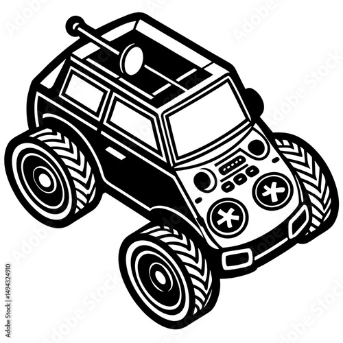 Black and White Vector Illustration of a Remote-Controlled Toy Car