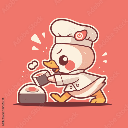 Funny duck chef rushing with sushi