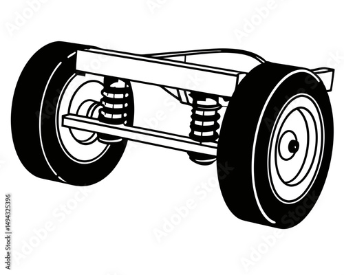 Black and White Vector Illustration of Vehicle Axle with Suspension and Wheels