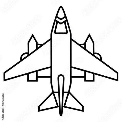 Black and White Vector Illustration of an Airplane Top View Silhouette