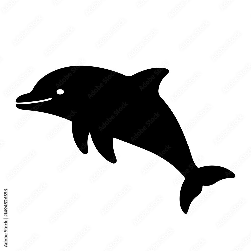Naklejka premium A playful dolphin silhouette leaping, in a simple black illustration.