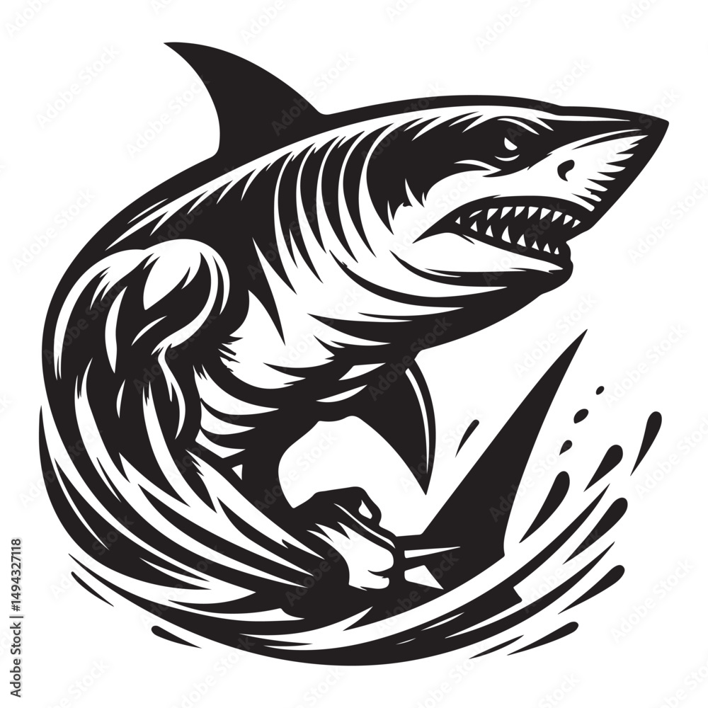 Fototapeta premium Modern Tribal Shark Vector Design – Fierce Black and White Illustration of an Aggressive Ocean Predator with Sharp Lines and Dynamic Motion – Ideal for Tattoo Art, Sports Team Branding, Streetwear Gra