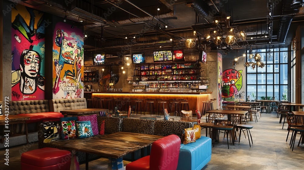 Fototapeta premium Vibrant bar interior with graffiti art, wooden tables, and a cozy atmosphere, perfect for socializing