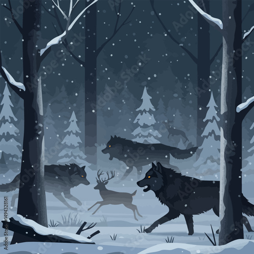 Wolves Chasing a Deer Through a Snowy Winter Forest Scene