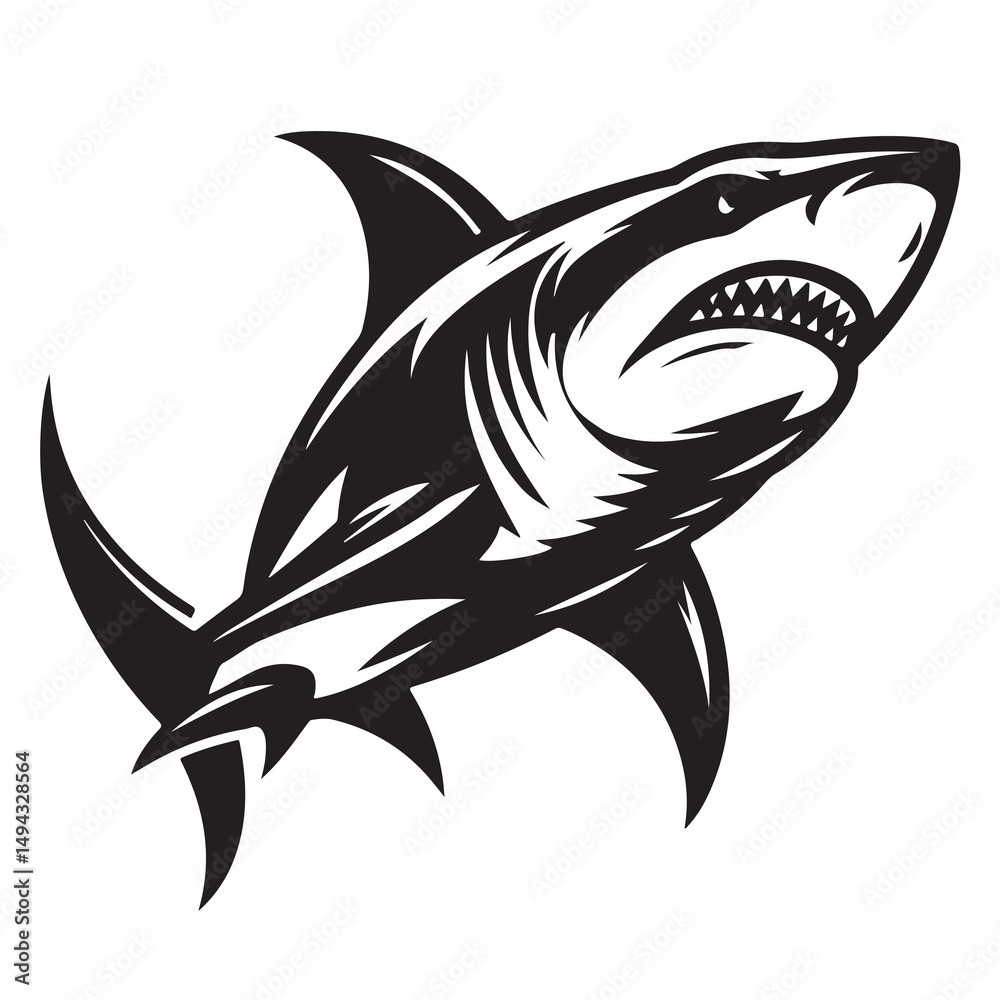 Fototapeta premium Modern Tribal Shark Vector Design – Fierce Black and White Illustration of an Aggressive Ocean Predator with Sharp Lines and Dynamic Motion – Ideal for Tattoo Art, Sports Team Branding, Streetwear Gra