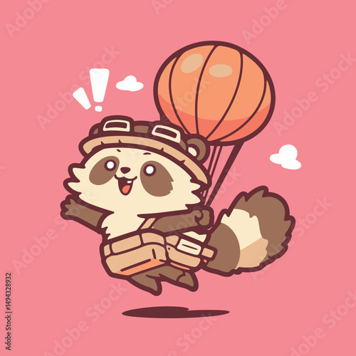 Raccoon Aviator Parachuting with Large Orange Balloon
