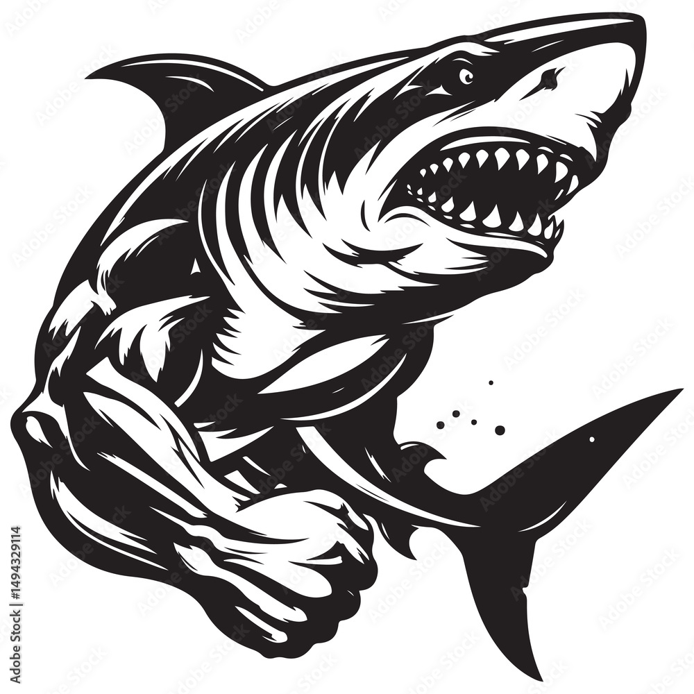 Fototapeta premium Aggressive Muscular Shark Mascot Illustration – Black and White Vector Art for Sports or Branding