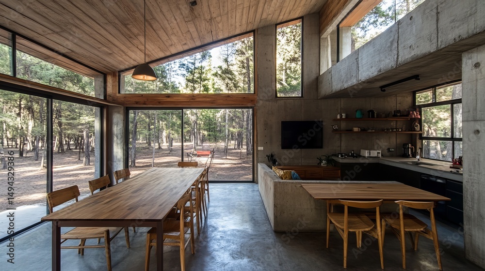 Fototapeta premium Modern interior with wooden tables, concrete walls, large windows, forest view