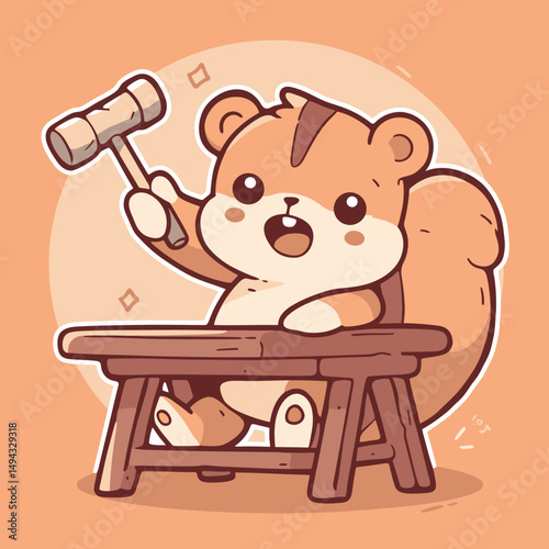 Squirrel Carpenter Hammering Nail into Wooden Bench