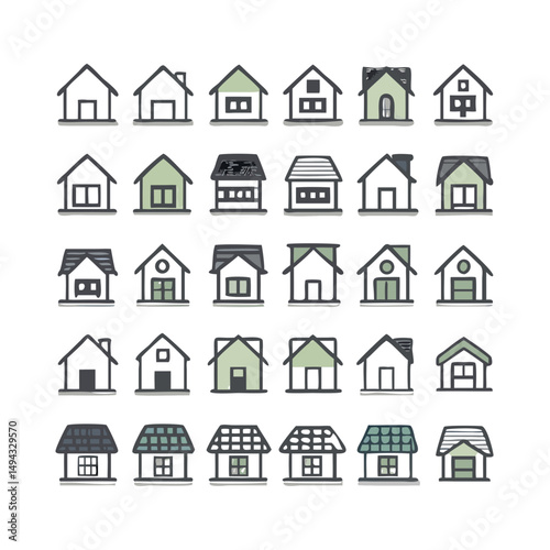 Web home icon set for websites and apps. Simple house symbol. Flat real estate sign. Main page pictogram in filled, thin line, outline and stroke style. Isolated illustration.
