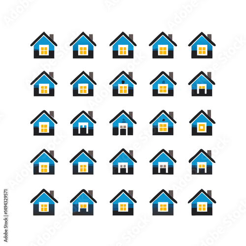 Web home icon set for websites and apps. Simple house symbol. Flat real estate sign. Main page pictogram in filled, thin line, outline and stroke style. Isolated illustration.
