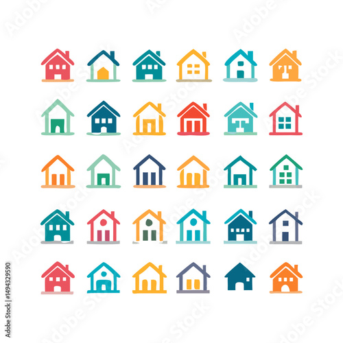 Web home icon set for websites and apps. Simple house symbol. Flat real estate sign. Main page pictogram in filled, thin line, outline and stroke style. Isolated illustration.
